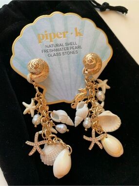piper·k Gold Shell & Pearl Drop Earrings - White
